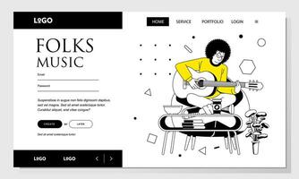 landing page line art vector illustration of a man with afro hair playing guitar with monochrome color