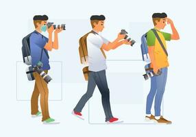 set of young man photographer with different pose and clothes bring digital camera and backpack vector illustration