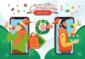 christmas gift set promotion or discount voucher with men and women illustration bring micropone and gift in their hand flat vector illustration