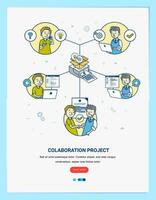 colaboración proyecto entre dos personas o empresa desde diferente sitio vector ilustración