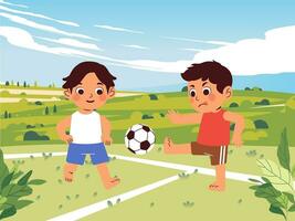 Two boys in action playing soccer on a field with hills and sky in the background vector