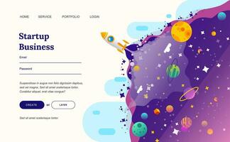 modern flat vector illustration of start up describe by rocket in the space with landing page design