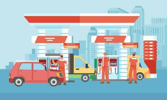 Gas station with shop in city people refueling cars man in uniform fueling car at petrol station vector