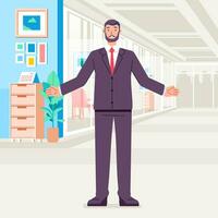 You are welcome Cheerful business man gesturing greetings welcome sign and smiling while standing at office vector