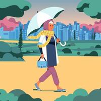 hijab woman walking in the park holding an umbrella on a cloudy day, park and cityline as background vector