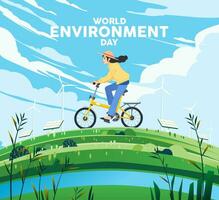 palabra ambiente día. mujer montando un bicicleta terminado verde colinas con energía campos sostenible renovable energía, solar panel, viento turbina vector