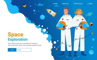 Landing page banner web template space exploration man and woman cosmonaut astronout wear spacesuit character spaceship planet vector