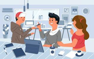 creative team work discussion in start up company working space vector illustration