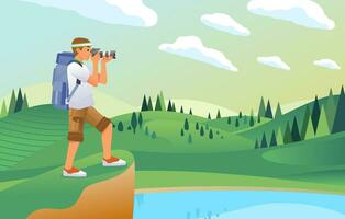 joven hombre fotógrafo tomando un imagen de hermosa paisaje de colina con bosque, lago y verde campo vector ilustración