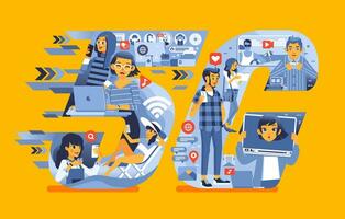 young people using 5G network technology for their need such as video call, accessing internet, uploading video, social media flat vector illustration