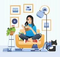 young pretty girl wearing glasses reading a book in the living room with cat beside her vector illustration for international literacy day