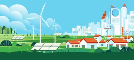 Wind Turbine and solar panel In Green Eco city Background Alternative renewable alternative Energy Source Technology banner vector