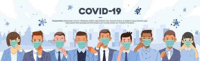 bandera ilustración de personas conciencia de covid-19 extensión con vistiendo máscara cuando viendo otro personas vector