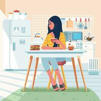 un mujer es teniendo desayuno a el comida mesa en el cocina con el Mañana Dom torrencial dentro el cocina vector ilustración