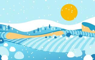 landscape vector illustration in winter time, with mountain and hills covered by snonw fall