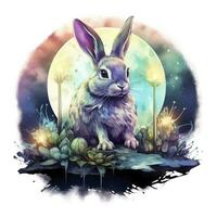 Watercolor Rabbit and Glowing Moon for T-shirt Design. AI Generated photo