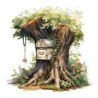 Watercolor mailbox in a tree on a white background. AI Generated photo
