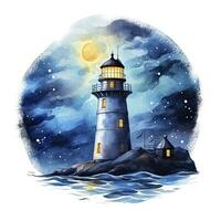 Lighthouse beside the sea at Night. watercolor for T-shirt design. AI Generated photo