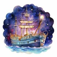 Night sea ship watercolor style for T-shirt design. AI Generated photo