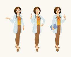 set of female doctor character wearing shite coat and stethosocope with different pose vector