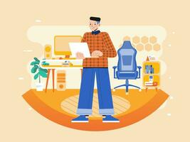 Young man working as Programmer at her desk at home with laptop at her desk and testing app ui and ux Vector illustration of freelancer