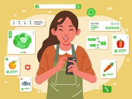 Mother is grocery shopping online from online store with her phone, fruits, vegetables, fish and other delivery to home vector illustration