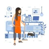 women cleaning the bedroom, with cat lay on the floor and room interior in the bacground vector
