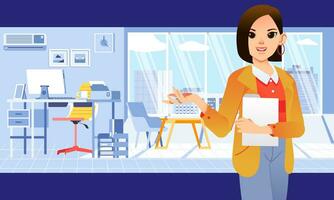 young business woman with office outfit holding map and showing her office room vector illustration