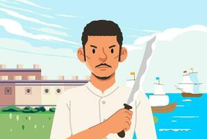 Indonesian independence national heroes kapitan patimura with a fort and ships in the background vector