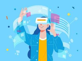 metaverso digital virtual realidad tecnología de un niña con lentes y un auriculares vr conectado a el virtual espacio vector