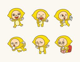 collection character of cute lemon with different facial expression and gesture vector illustration