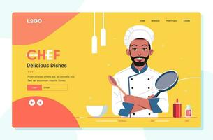 chef illustration for landing page or website banner template, man as a chef pose while holding sauce pan with yellow and orange background vector