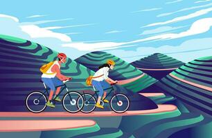 Sporty man woman ride by bicycle outdoor nature hills meadows countryside. Summer scenery landscape vector