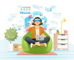 women sitting on bean bag while holding computer tablet and using virtual reality headset vector illustration