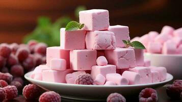 Pink sweet delicious berry dessert marshmallow with cherry and raspberry photo