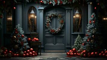 Christmas New Year holiday beautiful winter decorations of the entrance doors to the house, background photo
