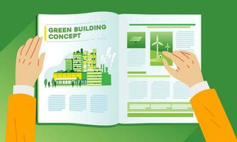 Hands holding magazine read issues about environment and green Alternative renewable eco friendly energy for green city vector