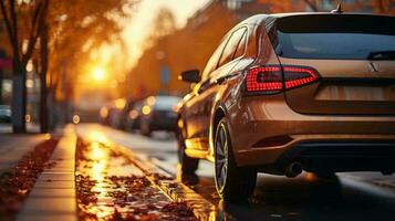 Rear and side view of a car on the roadside at sunset in a big city photo