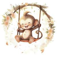 Cute happy baby monkey on swings on a tree in watercolor. AI Generated photo