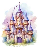 Colorful watercolor kawaii castle isolated on white background. AI Generated photo
