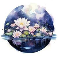 Floral Moon and Water Lilies on a white background. AI Generated photo