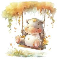 Cute happy baby rhino on swings in the tree in watercolor style. AI Generated photo