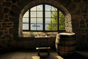 Barrel in an ancient castle beside the window. AI Generated photo