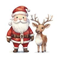 Cute Santa Claus standing with reindeer. AI Generated photo