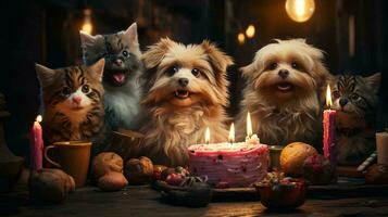 Pets' birthday. Cats and dogs sit near a birthday cake with candles at a birthday party photo