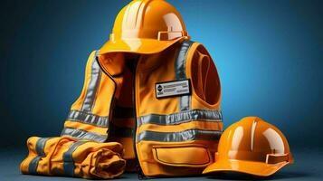 Work uniform, a set of worker's clothing with a protective orange helmet and vest folded in a stack photo