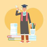 Man graduate students standing on book and office stationery background Flat style vector illustration