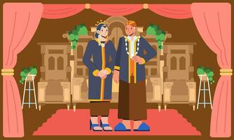 Bride and groom couple getting married, wearing traditional javanese indonesian wedding dress on stage flat vector character