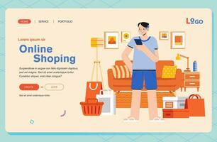 Man internet Online Shopping ordering product from home Web page design template for website and mobile website development, SEO, mobile app, business vector