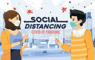illustration of social distancing to avoid the contagious of covid-19 with city background vector